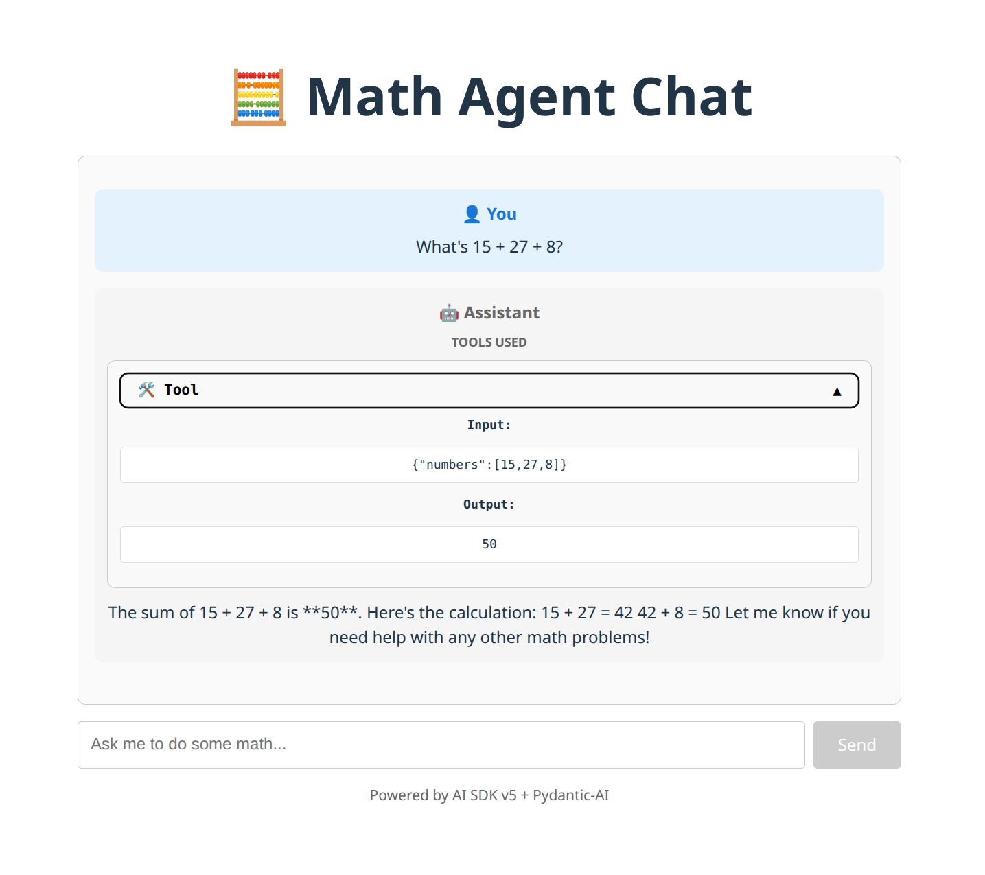 Math Agent UI showing tool calls